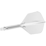 Transparent dart flight and shaft integrated system side view, isolated on white, highlighting seamless molded construction and threaded base