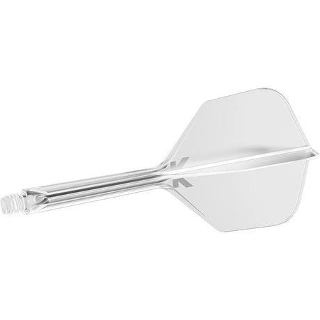 Transparent integrated dart flight and shaft No.6, full side view, isolated on white, showing molded construction and slim profile