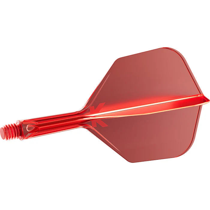 Red integrated dart flight and shaft system side view isolated on white background, precision molded for dart accuracy