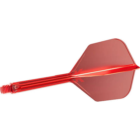 Red integrated dart flight and shaft system full view, translucent design, isolated on white for darts setup
