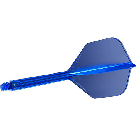 Blue integrated dart flight and shaft system full view, isolated on white, highlighting seamless molded construction