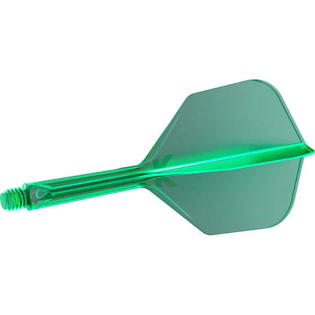 Green integrated dart flight and shaft system side view, full product on white background