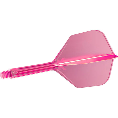 Pink integrated dart flight and shaft system in full side view, precision-moulded, isolated on white background