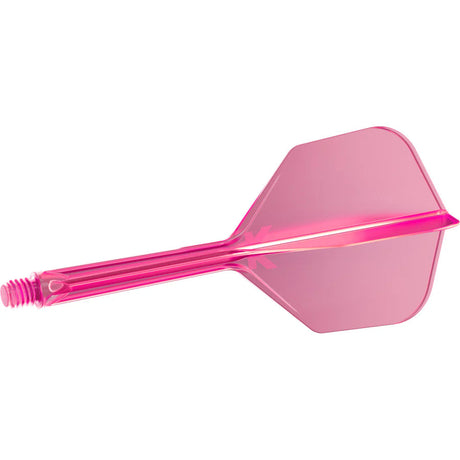Pink integrated dart flight and shaft system side view, molded design, isolated on white background