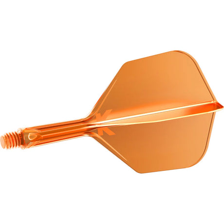 Orange integrated dart flight and shaft No.6, side view, precision molded design, isolated on white background