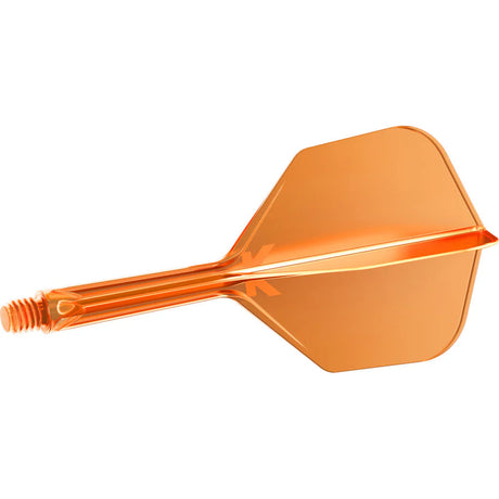 Orange integrated dart flight and shaft system side view, isolated on white, showing No.6 shape and molded screw thread