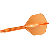 Orange dart flight and shaft system side view, full product isolated on white background, highlighting integrated No.6 moulded design