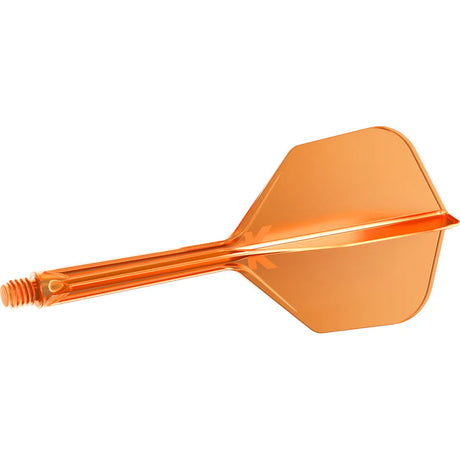 Orange dart flight and shaft system side view, full product isolated on white background, highlighting integrated No.6 moulded design