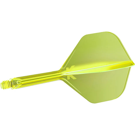 Yellow integrated dart flight and shaft system full view, isolated on white background with molded K logo