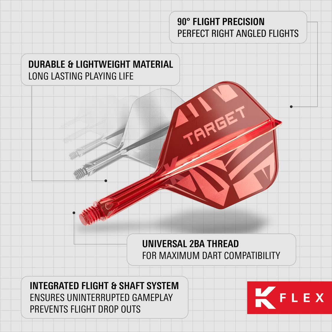K-Flex features – 90 degree flight precision, durable lightweight material and universal 2BA thread