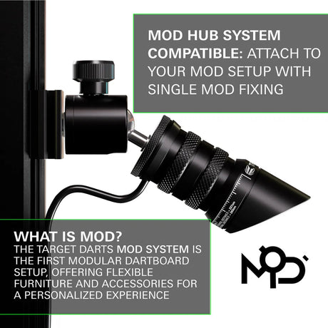 Close-up of Laser Oche dart toe line projector mounted on wall, showing textured adjustment rings and measurement markings