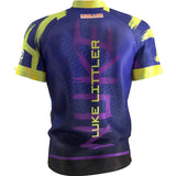 Back view of Luke Littler 2026 darts shirt featuring bold purple graphics, yellow accents, and player name, isolated on white background