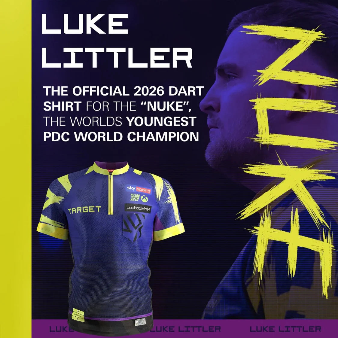 Front view of Luke Littler 2026 darts shirt on display with sponsor logos and graphic backdrop, official darts apparel