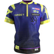 Front view of Luke Littler 2026 Darts Shirt isolated on white, showing sponsor logos, zip collar, and vibrant blue and yellow dart design