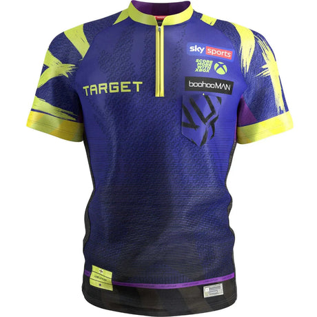 Front view of Luke Littler 2026 Darts Shirt isolated on white, showing sponsor logos, zip collar, and vibrant blue and yellow dart design