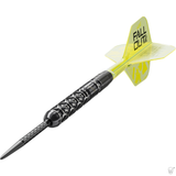 Target Luke Littler Fallout dart – angled view of the straight black pixel-milled barrel with flight and shaft fitted