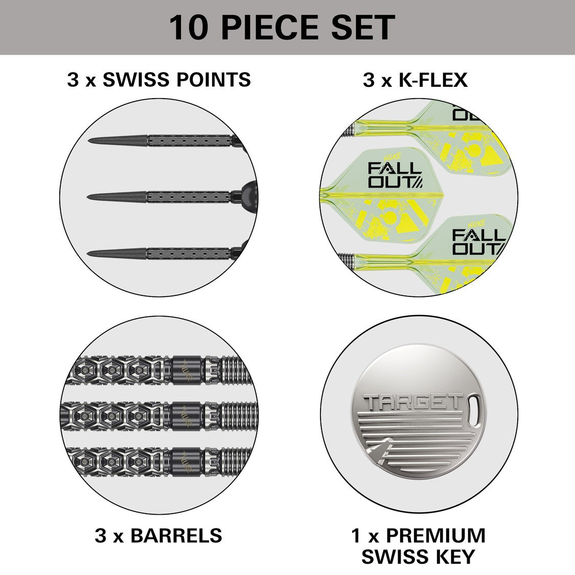 Target Luke Littler Fallout set contents – barrels, Swiss FLT Points, K-Flex flights and Premium Swiss Key