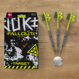 Target Luke Littler Fallout darts, Nuke packaging and Premium Swiss Key on a wooden table