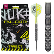 Target Luke Littler Fallout 90% tungsten Swiss Point darts – retail packaging with the full dart and a barrel close-up