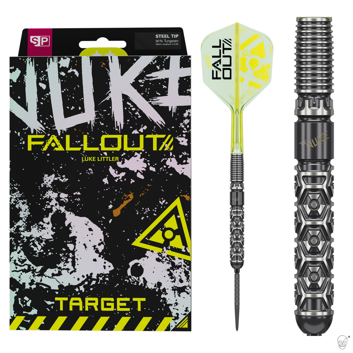 Target Luke Littler Fallout 90% tungsten Swiss Point darts – retail packaging with the full dart and a barrel close-up