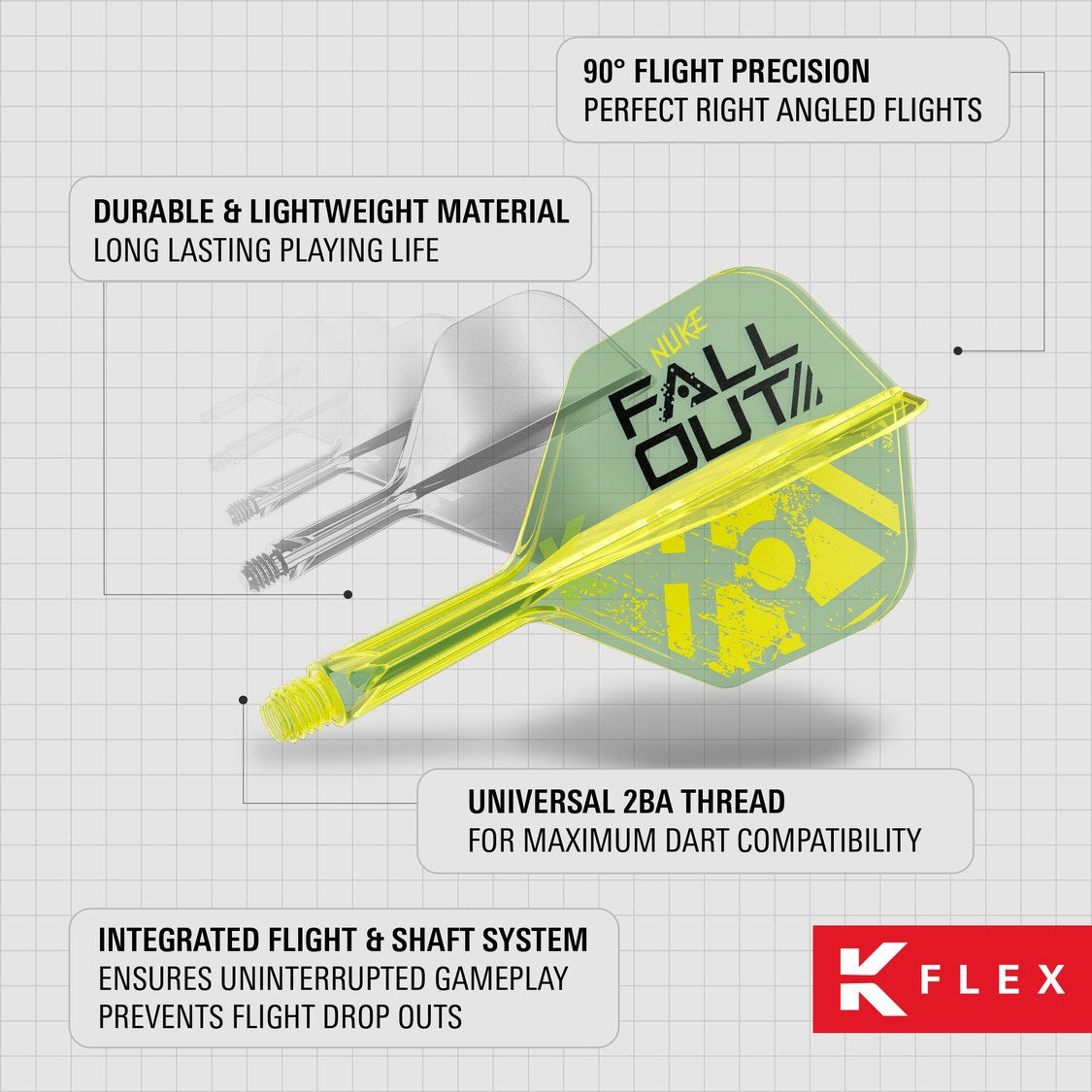 K-Flex features – 90 degree flight precision, durable lightweight material and universal 2BA thread