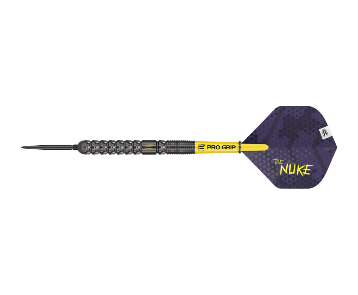 Full view tungsten dart with ringed grip barrel, yellow Pro Grip shaft, The Nuke flight, isolated on white background