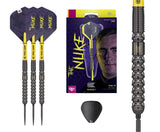 Steel tip darts set with yellow Pro Grip shafts, detailed barrel close-up, packaging, and spare point on white background