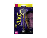 Steel tip tungsten dart in retail packaging, full view with Nuke flight, Pro Grip shaft, and signature player branding.