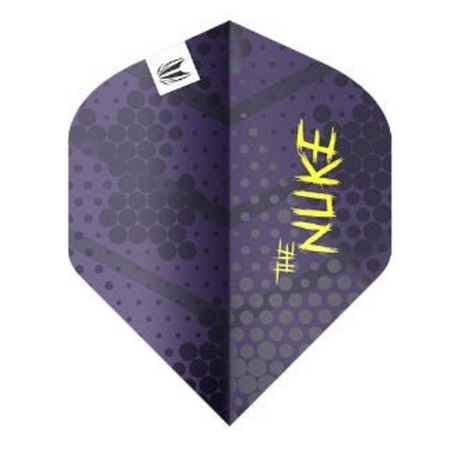 Target Luke Littler G1 Pro Ultra No.2 dart flight upright on a white background, purple design with The Nuke branding