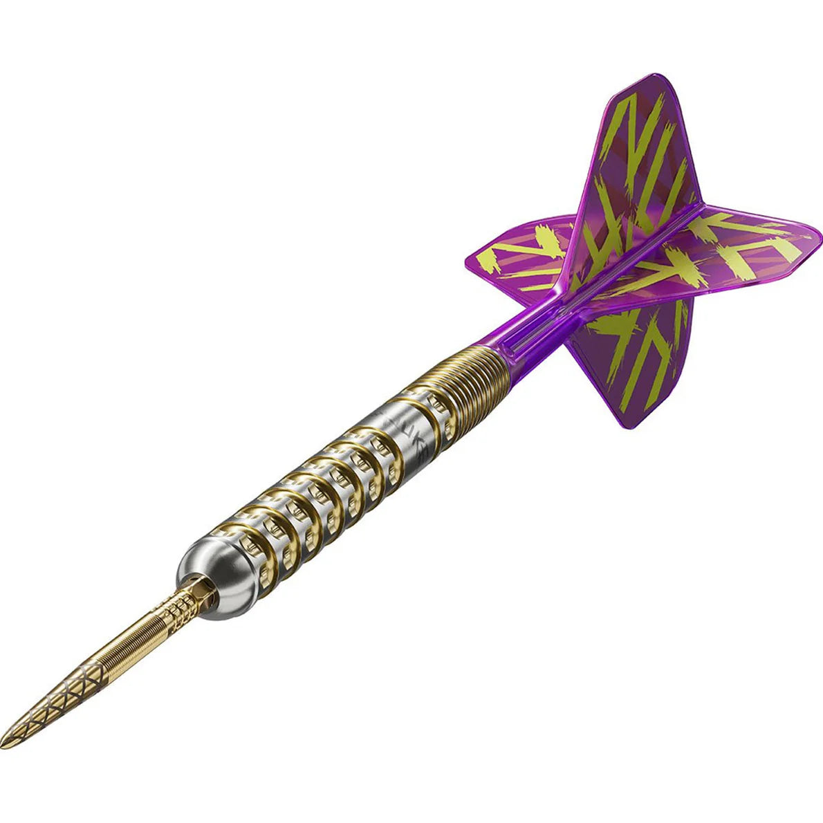 Angled close-up of 90% tungsten dart with gold ringed barrel, detailed textured tip, and purple-gold flights on white background