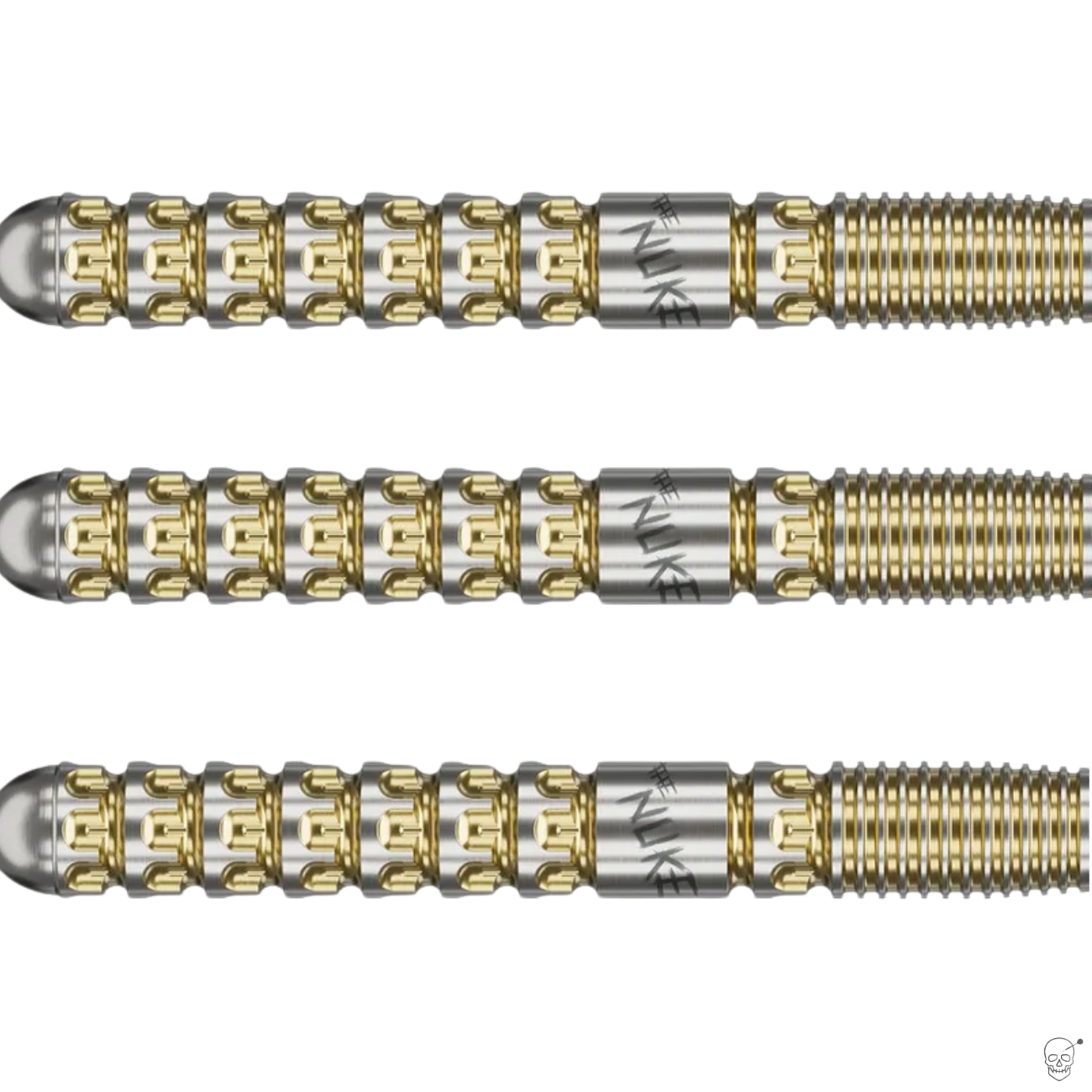 Close-up side view of three 90% tungsten dart barrels with gold ringed grip and laser-etched detailing on white background