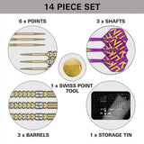 14 piece dart set top-down view showing gold Swiss points, purple shafts with flights, tungsten barrels, Swiss Point tool, and storage tin