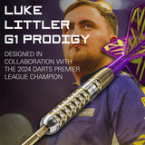 Angled close-up tungsten dart with gold ring grip and purple flight, highlighting barrel details against lifestyle player backdrop