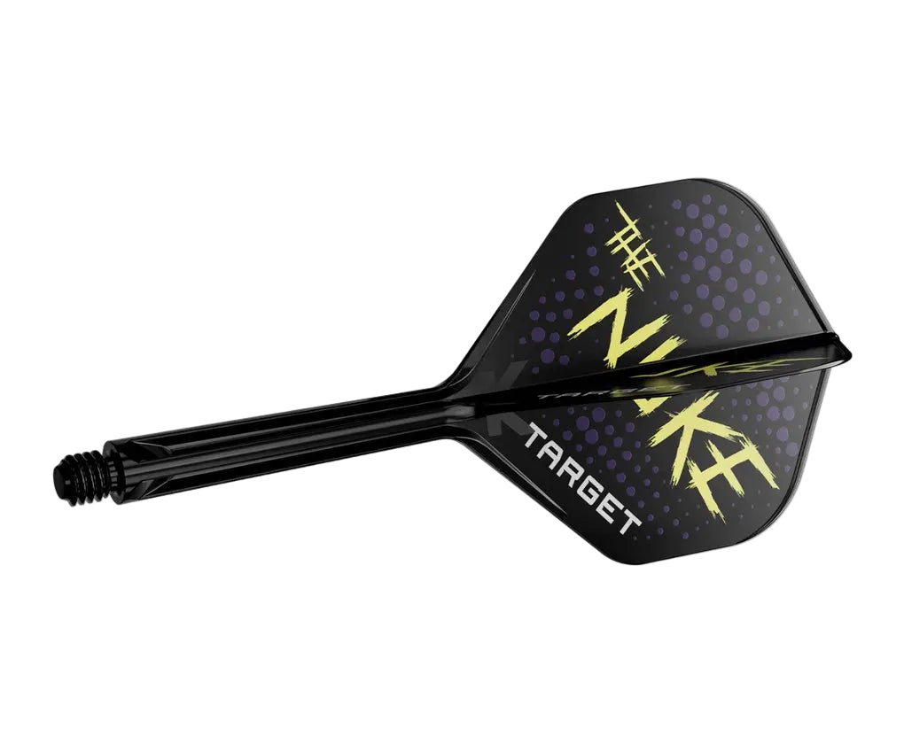 Full view of Luke Littler K-Flex No.2 dart flight and shaft, black integrated system with yellow and purple graphic for precision darts setup