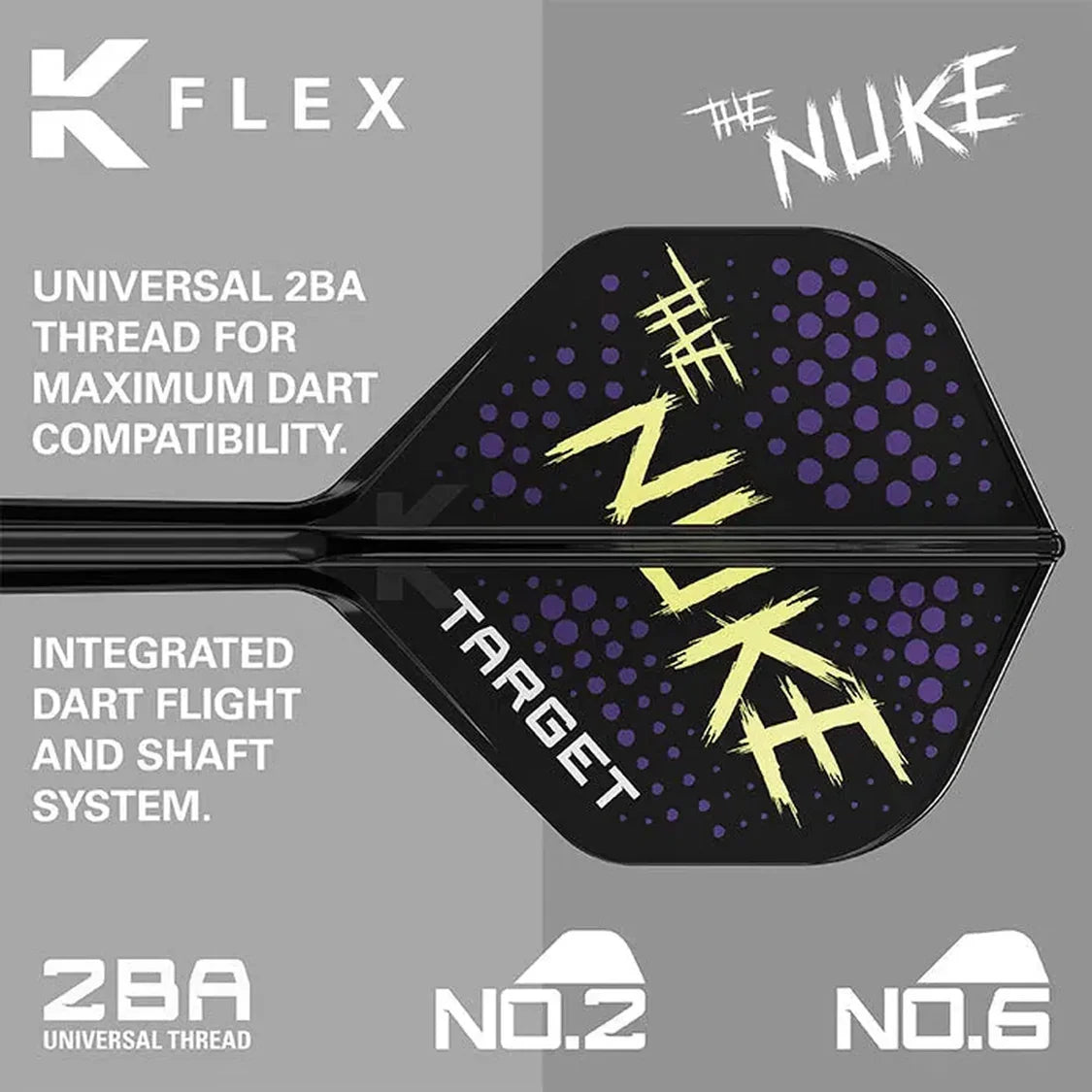Angled close-up of Luke Littler K-Flex No.2 dart flight showing Nuke design, integrated shaft, 2BA universal thread