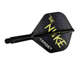 Angled close-up of Luke Littler K-Flex No.2 integrated dart flight and shaft, black design with yellow lettering, isolated on white