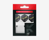 Luke Littler K-Flex No.2 integrated dart flights and shafts in retail packaging, three 'The Nuke' standard flights visible