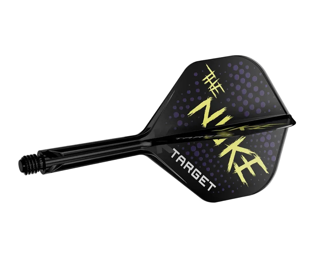 Angled view of Luke Littler K-Flex No.2 dart shaft and flight system with bold 'THE NUKE' lettering, black and purple design, isolated on white.