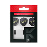 Luke Littler K-Flex No.2 dart flights and shafts in retail packaging, No2 shape, showing black flights with yellow logo and medium length shafts