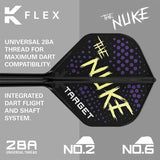 Angled close-up of K-Flex No.6 dart flight and shaft, showing integrated design, Nuke logo, 2BA thread, and black-purple pattern.