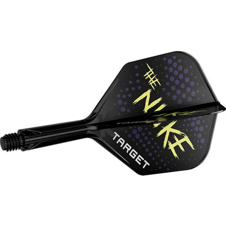 Angled view of Luke Littler K-Flex No.6 dart flight and shaft system with black and yellow 'NUKE' graphic, isolated on white