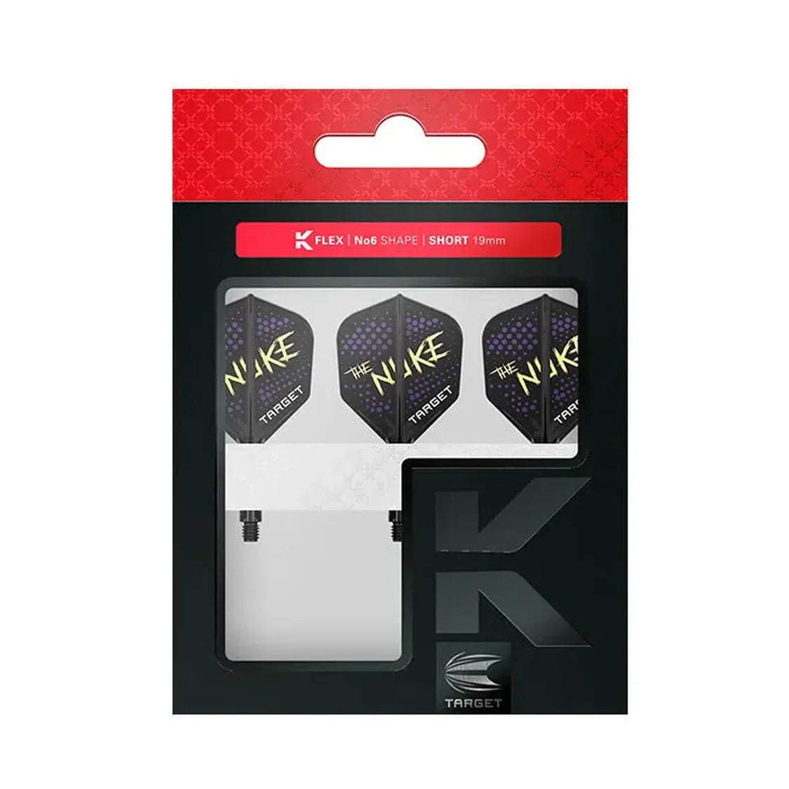 Dart flight and shaft system in retail packaging, showing No.6 shape K-Flex flights with 'The Nuke' design for dart players