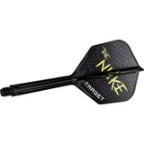 Full view of Luke Littler K-Flex No.6 integrated dart flight and shaft, black with 'Nuke' text, isolated on white background