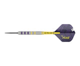 Steel tip dart with precision ringed tungsten barrel, purple and yellow accents, yellow Pro Grip shaft, and The Nuke flight on white background