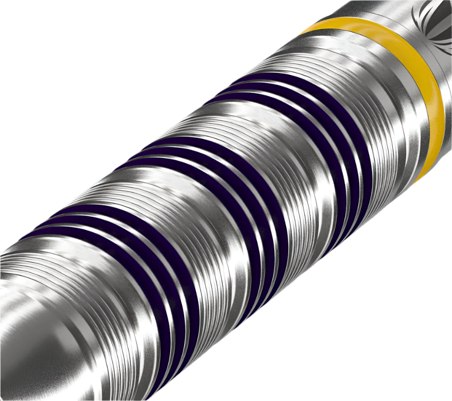 Macro close-up of dart barrel grip with deep grooves and purple rings on 90% tungsten dart, yellow accent band, steel tip design