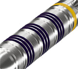 Macro close-up of dart barrel grip with deep grooves and purple rings on 90% tungsten dart, yellow accent band, steel tip design