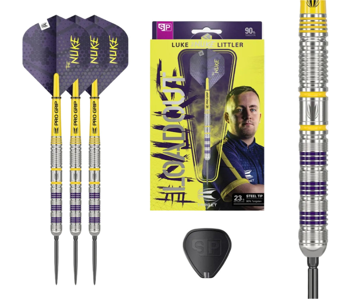 Steel tip darts set with yellow and purple grips, close-up tungsten barrel, full packaging, and dart tool on white background