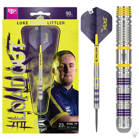 Luke Littler Loadout 90% tungsten steel tip darts in retail packaging with close-up of barrel rings and purple-yellow flight
