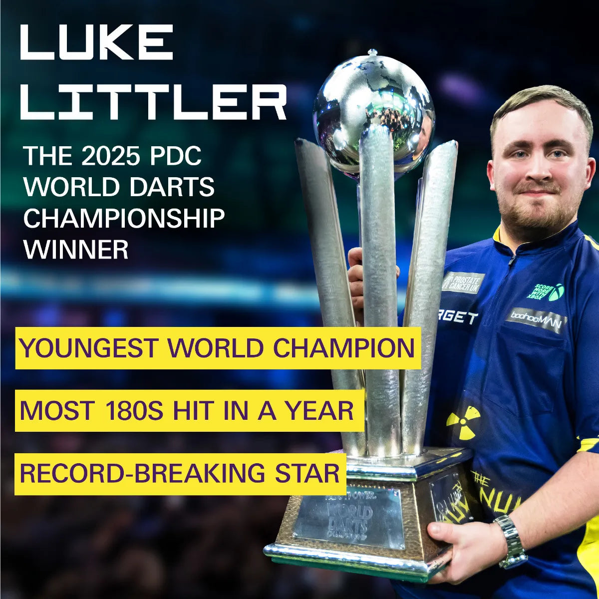 Luke Littler holding World Darts Championship trophy, angled view with achievement highlights, ideal for darts enthusiasts
