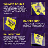 Close-up angled views of dartboard surround showing 'Winning Double', 'Danger Zone', and 'Ballon d'Art' score zone highlights for Luke Littler World Champion dartboard